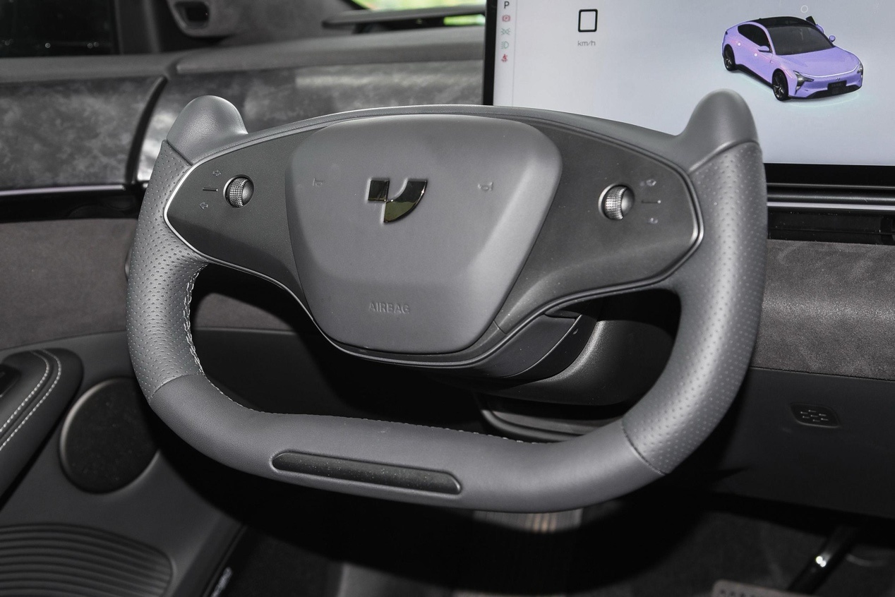 The steering wheel of a carDescription has been automatically generated.